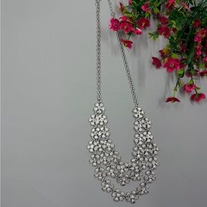 Vintage Silver Textured Floral Design Multi Strand Necklace with Crystal Accents